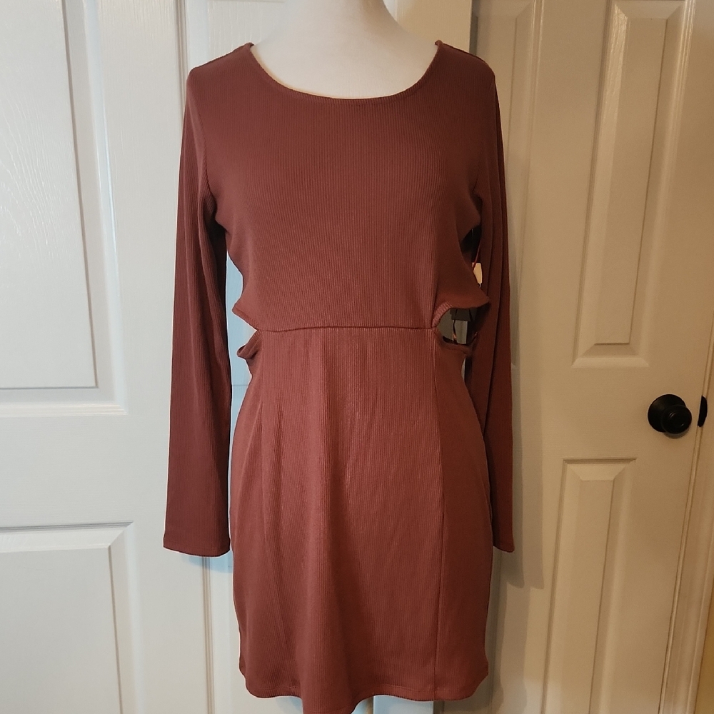 Open Edit Long Sleeve Dress in Rich Brown With Side Cut Outs, Size XL